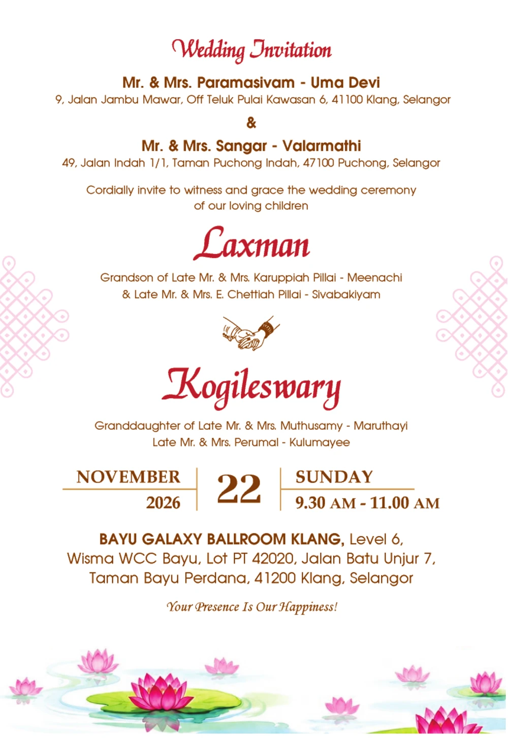 Formal wedding invitation card for Laxman and Kogileswary